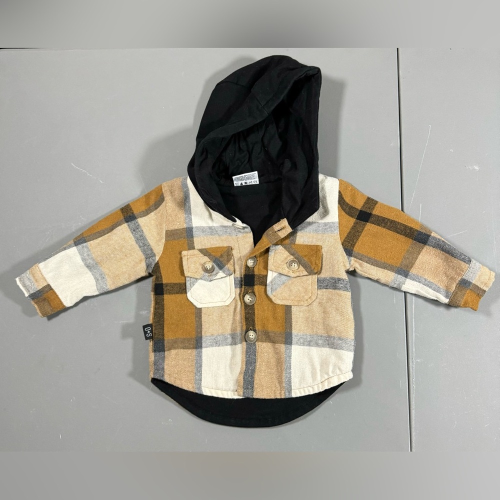 Plaid Hooded Kids Jacket - Tan and Black